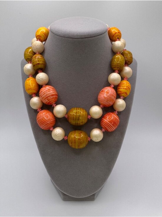Jewelry - Vintage Paper Mache Bead Necklace Double Strand Artisan Leaf Clasp Chunky